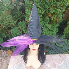 Halloween fekete-lila tüllös-pókos boszorkány kalap arany pókkal jelmez
