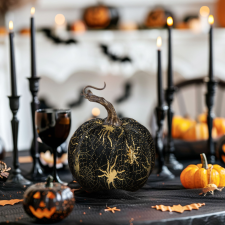 Halloween-i tök dekoráció - 11 cm - fekete, pókkal - habszivacs dekoráció