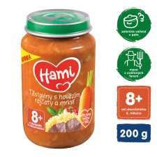 HAMI Húsos-zöldséges bébiétel Tészta marhahússal, paradicsommal és répával 200g, 8+ bébiétel