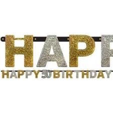 Happy Birthday 50-es banner - csillogó arany és ezüst party kellék