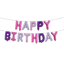 Happy Birthday feliratú fólia lufi – Rózsaszín és lila party kellék