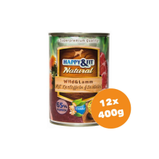 Happy&Fit Natural Dog Konzerv Vadhús & Bárány Burgonyával & Sáfrányolajjal 12x400g kutyaeledel