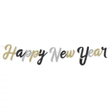 Happy New Year glitteres füzér fekete, arany, ezüst 2,5m party kellék