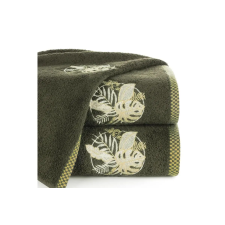  Hímzett törölköző egzotikus levelek motívumával Olívazöld 70x140 cm lakástextília