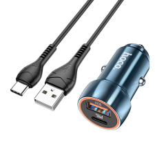 Hoco Type-C autós töltő + USB QC3.0 Power Delivery 20W + Type-C kábel Z46A zafírkék kábel és adapter