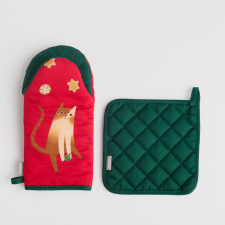 HOME & YOU pamut edényfogó kesztyű és alátét, karácsonyi cica lakástextília