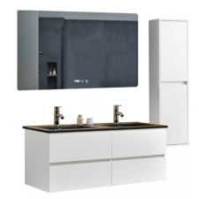 homedepo Hongkong Duo White 120 komplett fürdőszoba bútor szett fali mosdószekrénnyel, dupla fekete mosdóval, tükörrel és magas szekrénnyel fürdőszoba bútor