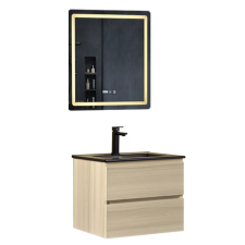 homedepo Hongkong Sonoma 60 komplett fürdőszoba bútor fali mosdószekrénnyel, fekete slim kerámia mosdóval és tükörrel fürdőszoba bútor