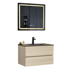 homedepo Hongkong Sonoma 80 komplett fürdőszoba bútor fali mosdószekrénnyel, fekete slim kerámia mosdóval és tükörrel fürdőszoba bútor