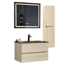 homedepo Hongkong Sonoma 80 komplett fürdőszoba bútor szett fali mosdószekrénnyel, fekete mosdóval, tükörrel és magas szekrénnyel fürdőszoba bútor