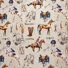 HomeTextiles LOVASSPORT, ló, lószerszám mintás, bézs loneta dekorvászon méteráru