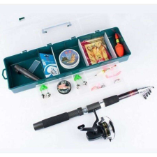  Horgászfelszerelés dobozban, karbonszálas horgászbottal, csalikkal, súlyokkal (BBL) kapásjelző