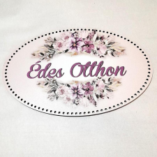  Horgolható színes ovális tábla 'Édes Otthon' felirattal, virágos. Mérete: 220x148 mm dekorációs kellék