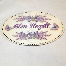  Horgolható színes ovális tábla 'Isten Hozott' felirattal, pillangós. dekorációs kellék