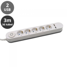 Hosszabbító 5-ös elosztóval (5 földelt + 2 USB) fehér - 3 m vezetékkel hosszabbító, elosztó