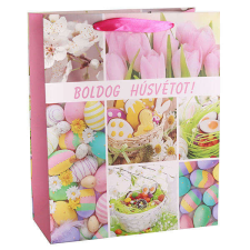 Húsvéti dísztasak Boldog Húsvétot felirattal - 32x26 cm - tojások, tulipán (rózsaszín) ajándéktasak