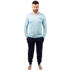 J.PRESS Férfi Hosszú Pizsama Szett Kerek Nyaku Világoskék Passzés Egyszínű Felsővel - Light Blue