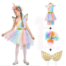 JM Farsangi unikornis jelmez kislányoknak szivárványszínű ruhával, fejdísszel és szárnyakkal – M méret – 120 cm jelmez