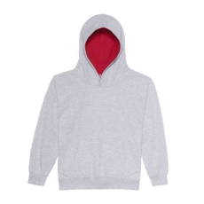 Just Hoods Gyerek kapucnis pulóver kontrasztos színű kapucni béléssel AWJH003J, Heather Grey/Fire Red-9/11