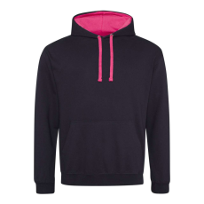Just Hoods Uniszex kapucnis pulóver kontrasztos színű kapucni béléssel AWJH003, Jet Black/Hot Pink-2XL