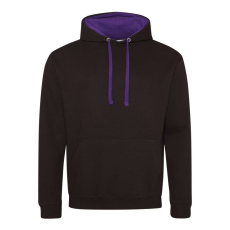 Just Hoods Uniszex kapucnis pulóver kontrasztos színű kapucni béléssel AWJH003, Jet Black/Purple-2XL