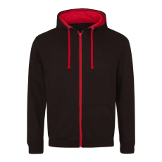 Just Hoods Uniszex pulóver kontrasztos színű cipzárral kapucnival AWJH053, Jet Black/Fire Red-2XL