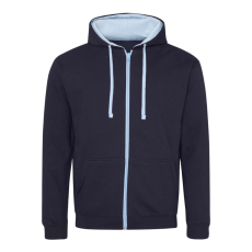 Just Hoods Uniszex pulóver kontrasztos színű cipzárral kapucnival AWJH053, New French Navy/Sky Blue-S