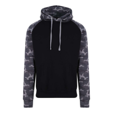 Just Hoods Uniszex raglános kétszínű kapucnis pulóver AWJH009, Solid Black/Black Camo-L férfi pulóver, kardigán