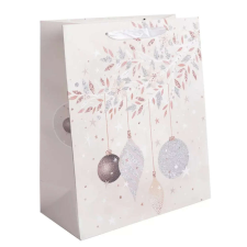 Karácsonyi ajándéktáska 32x26x12cm, nagy, drapp, glitteres, függő díszek ajándéktasak