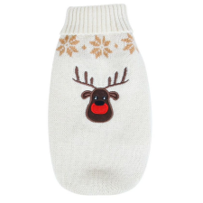  Karácsonyi kötött kutyapulóver rénszarvas mintával, bézs L-es kutyaruha