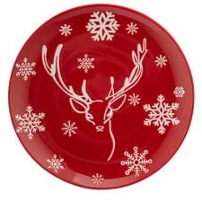 Karácsonyi porcelán desszertes tányér 19 cm - piros hópelyhes - rénszarvasos tányér és evőeszköz