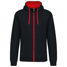 KARIBAN Férfi cipzáras pulóver kontrasztos bélésű kapucnival, Kariban KA466, Black/Red-XL