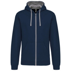 KARIBAN Férfi cipzáras pulóver kontrasztos bélésű kapucnival, Kariban KA466, Navy/Fine Grey-L