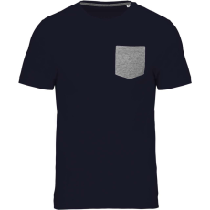 KARIBAN Férfi organikus környakas póló kontrasztos színű zsebbel, Kariban KA375, Navy/Grey Heather-XL