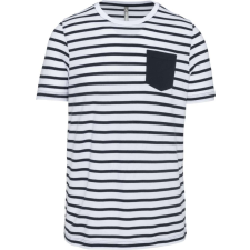 KARIBAN Férfi tengerész csíkos rövid ujjú póló mellzsebbel, Kariban KA378, Striped White/Navy-XL férfi póló
