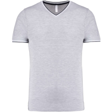 KARIBAN Férfi V-nyakú piké póló, kontrasztos szélekkel, Kariban KA374, Oxford Grey/Navy/White-2XL