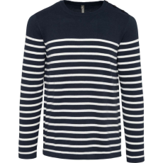 KARIBAN Férfi vállon gombolós csíkos pulóver, Kariban KA989, Striped Navy/Off White-L