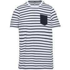 KARIBAN Gyermek matrózcsíkos pamut póló zsebbel, Kariban KA379, Striped White/Navy-12/14 gyerek póló