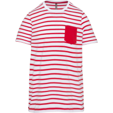 KARIBAN Gyermek matrózcsíkos pamut póló zsebbel, Kariban KA379, Striped White/Red-8/10 gyerek póló
