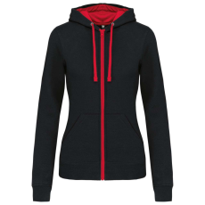 KARIBAN Női cipzáras pulóver kontrasztos bélésű kapucnival, Kariban KA467, Black/Red-XL