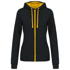 KARIBAN Női cipzáras pulóver kontrasztos bélésű kapucnival, Kariban KA467, Black/Yellow-S