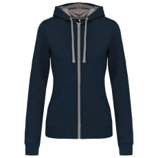 KARIBAN Női cipzáras pulóver kontrasztos bélésű kapucnival, Kariban KA467, Navy/Fine Grey-XL