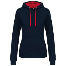 KARIBAN Női pulóver kontrasztos bélésű kapucnival, Kariban KA465, Navy/Red-XL