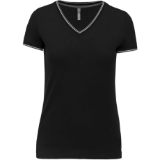 KARIBAN Női V-nyakú piké póló, csíkos szélekkel, Kariban KA394, Black/Light Grey/White-S