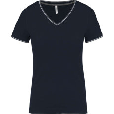 KARIBAN Női V-nyakú piké póló, csíkos szélekkel, Kariban KA394, Navy/Light Grey/White-M