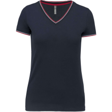 KARIBAN Női V-nyakú piké póló, csíkos szélekkel, Kariban KA394, Navy/Red/White-L