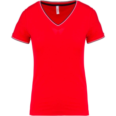 KARIBAN Női V-nyakú piké póló, csíkos szélekkel, Kariban KA394, Red/Navy/White-XL