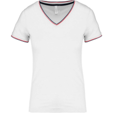 KARIBAN Női V-nyakú piké póló, csíkos szélekkel, Kariban KA394, White/Navy/Red-M