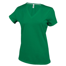 KARIBAN Női V-nyakú rövid ujjú pamut póló, Kariban KA381, Kelly Green-XL