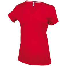 KARIBAN Női V-nyakú rövid ujjú pamut póló, Kariban KA381, Red-2XL